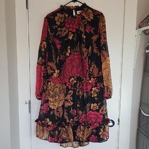 Anthropologie Black and Pink Floral Long Sleeve Dress